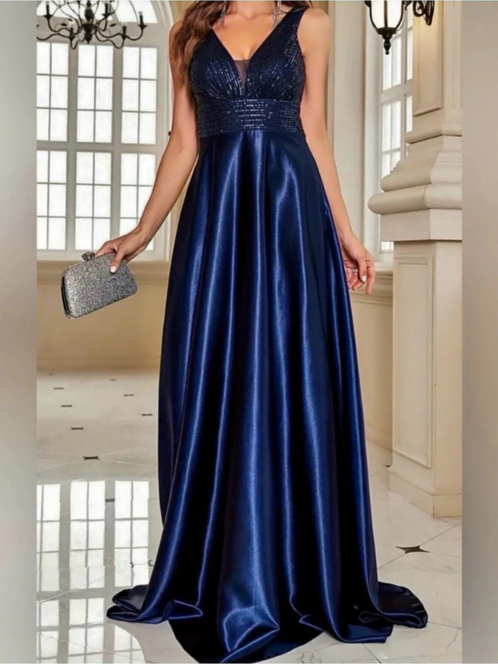 Stunning Navy Blue Satin Evening Gown125